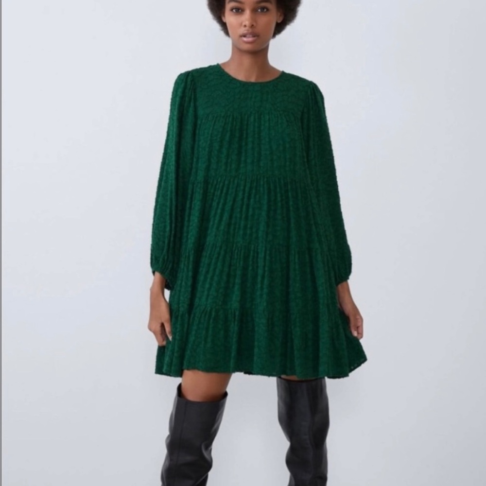 NWOT ZARA TEXTURED TIERED MINI DRESS WITH SLEEVES IN GREEN SIZE XS - Picture 2 of 16